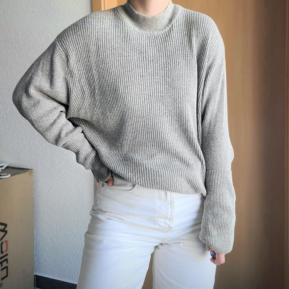 Perry Ellis Oatmeal Ribbed Knit Silk/Cotton Long Sleeve Mock Neck Sweater - XL - Picture 7 of 16
